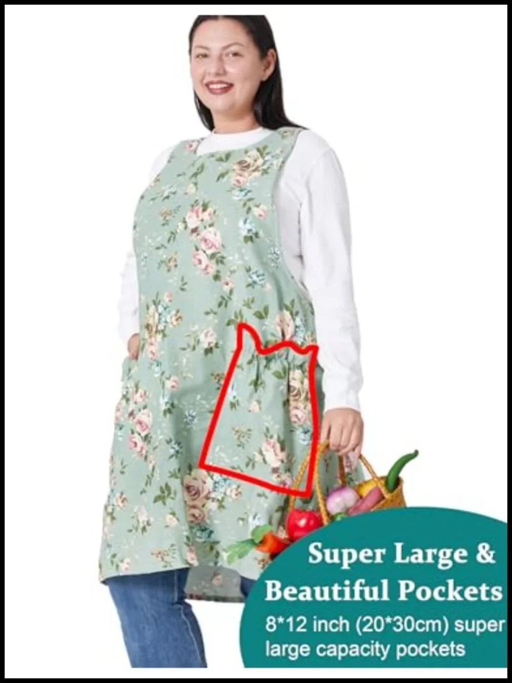 Plus Size Adjustable Cross Back Floral Cotton Linen Apron with Pockets